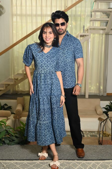 Couple Matching Blue Cotton Anarkali Midi Dress and Shirt Set ? Geometric Block Print
